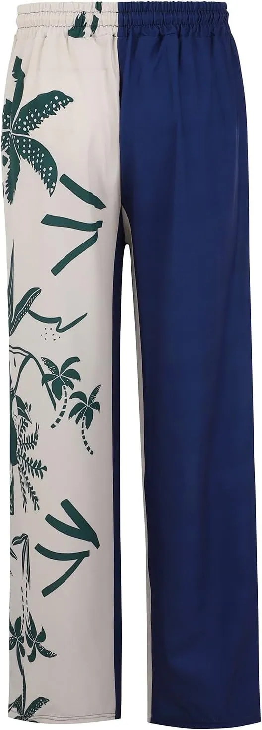 Mens Linen Beach Pants Tropical Plant Print Slacks Plus Size Summer Beach Vacation Casual Pants Open Bottom Trousers