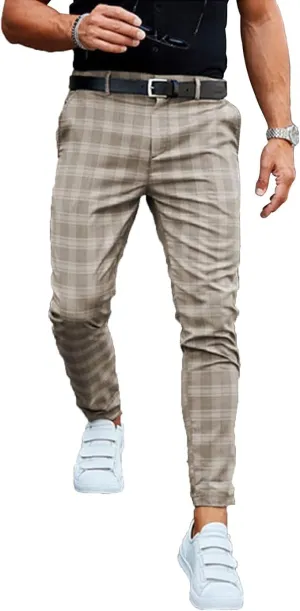 Mens Stretch Skinny Flat Front Pant Fashion Business Casual Chino Pants Formal Slim Fit Plaid Trousers