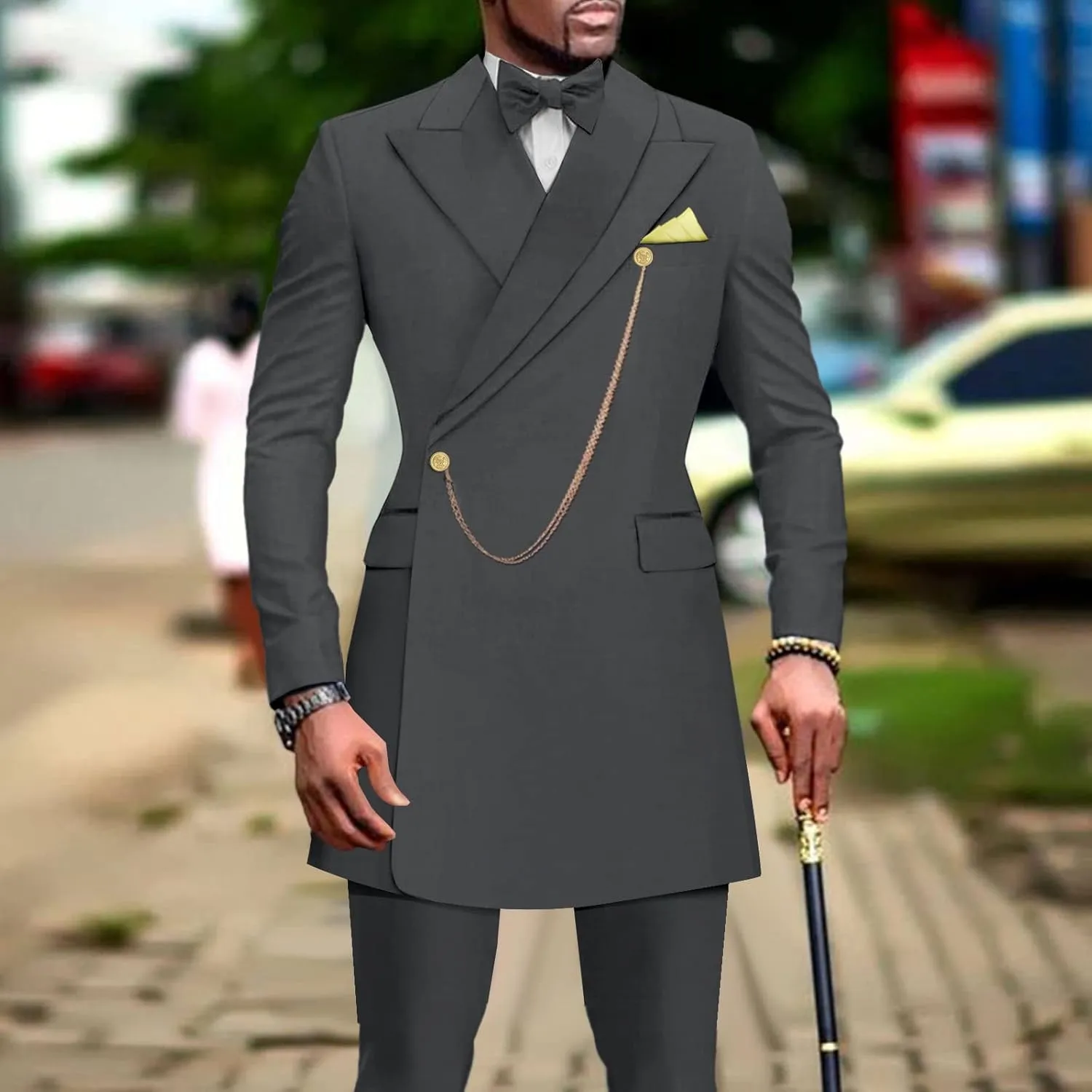 Men`s Suits Slim Fit Blazer and Pants Set Dashiki Outfits with Bow Tie Chain Kerchief African Clothes Wedding