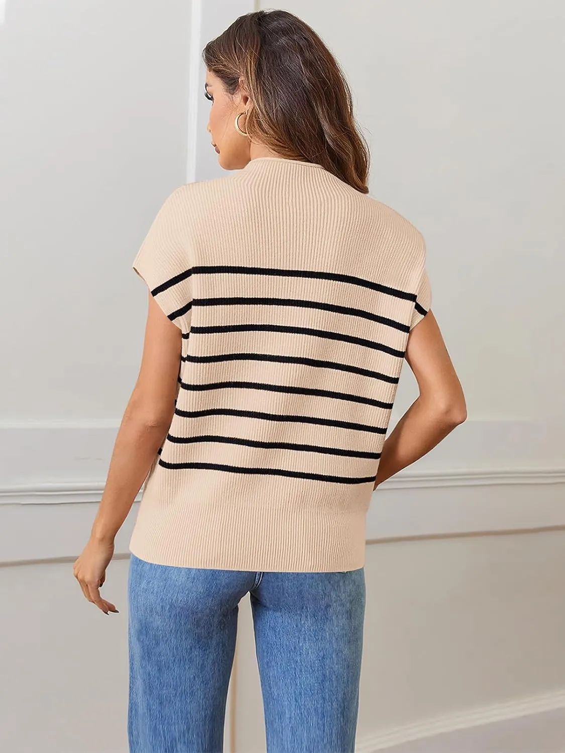 MEROKEETY Women's 2025 Sleeveless Mock Neck Striped Sweater Vest Cap Sleeve Ribbed Knit Pullover Tank Tops