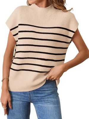 MEROKEETY Women's 2025 Sleeveless Mock Neck Striped Sweater Vest Cap Sleeve Ribbed Knit Pullover Tank Tops