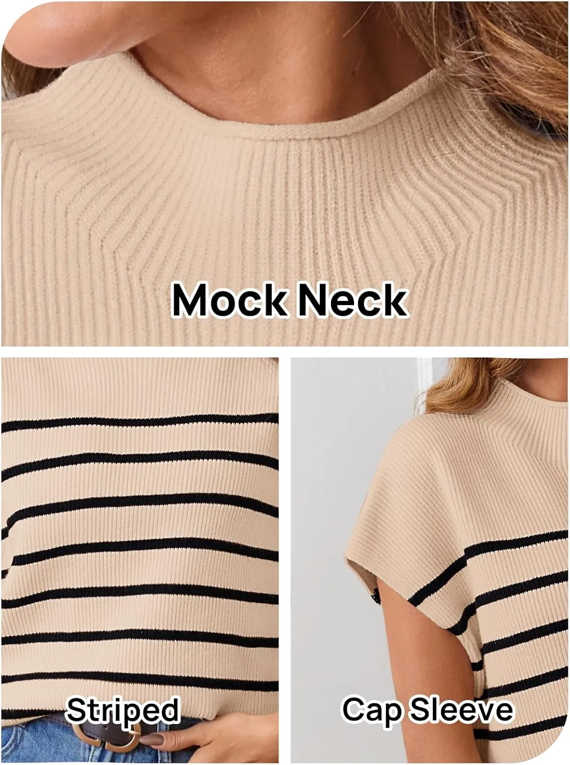 MEROKEETY Women's 2025 Sleeveless Mock Neck Striped Sweater Vest Cap Sleeve Ribbed Knit Pullover Tank Tops