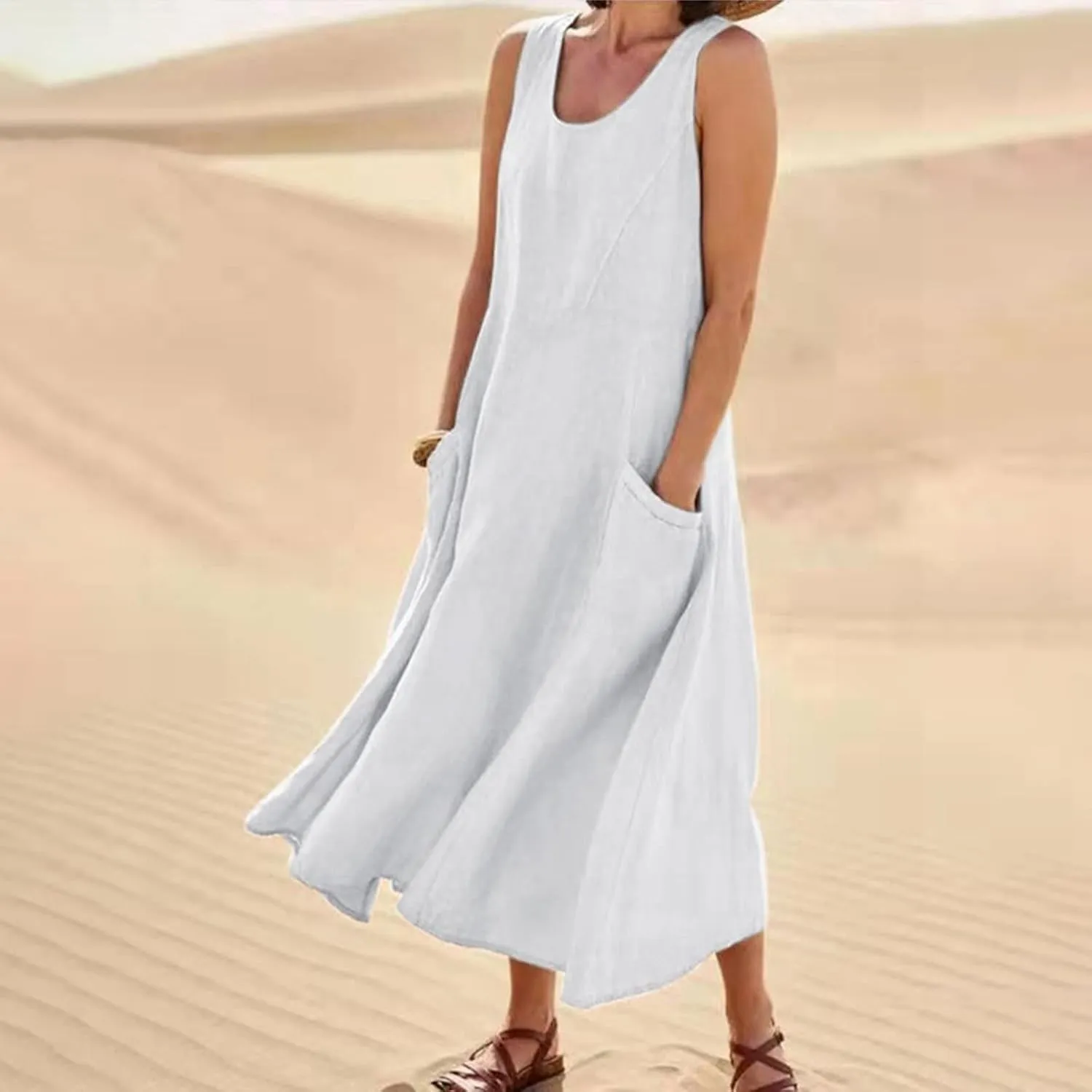 midelxp Summer Sundresses for Women Casual Loose Swing Beach Tank Dresses Sleeveless Solid Color Long Dresses with Pocket