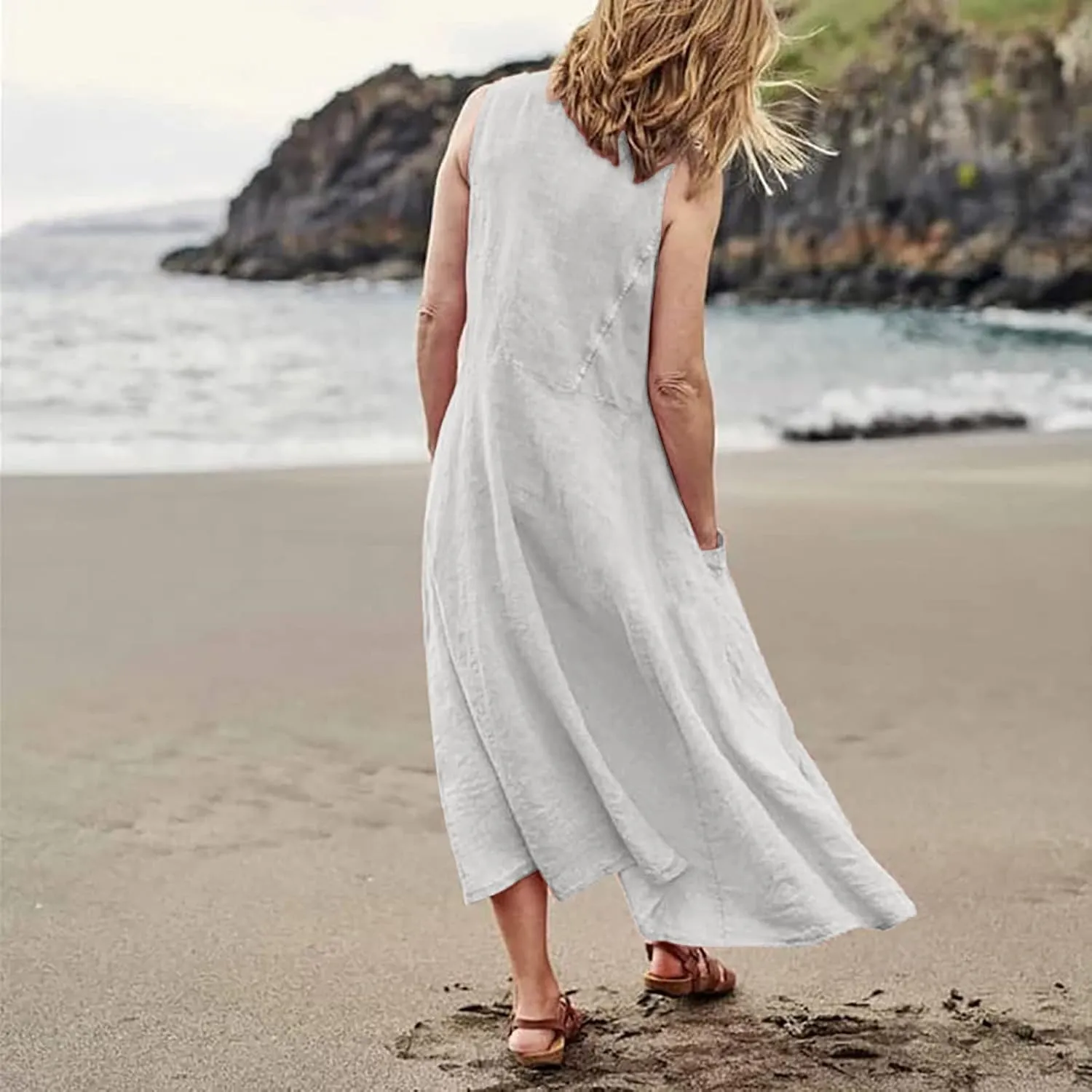 midelxp Summer Sundresses for Women Casual Loose Swing Beach Tank Dresses Sleeveless Solid Color Long Dresses with Pocket