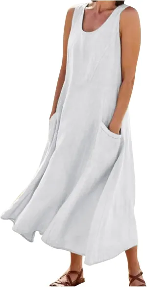 midelxp Summer Sundresses for Women Casual Loose Swing Beach Tank Dresses Sleeveless Solid Color Long Dresses with Pocket