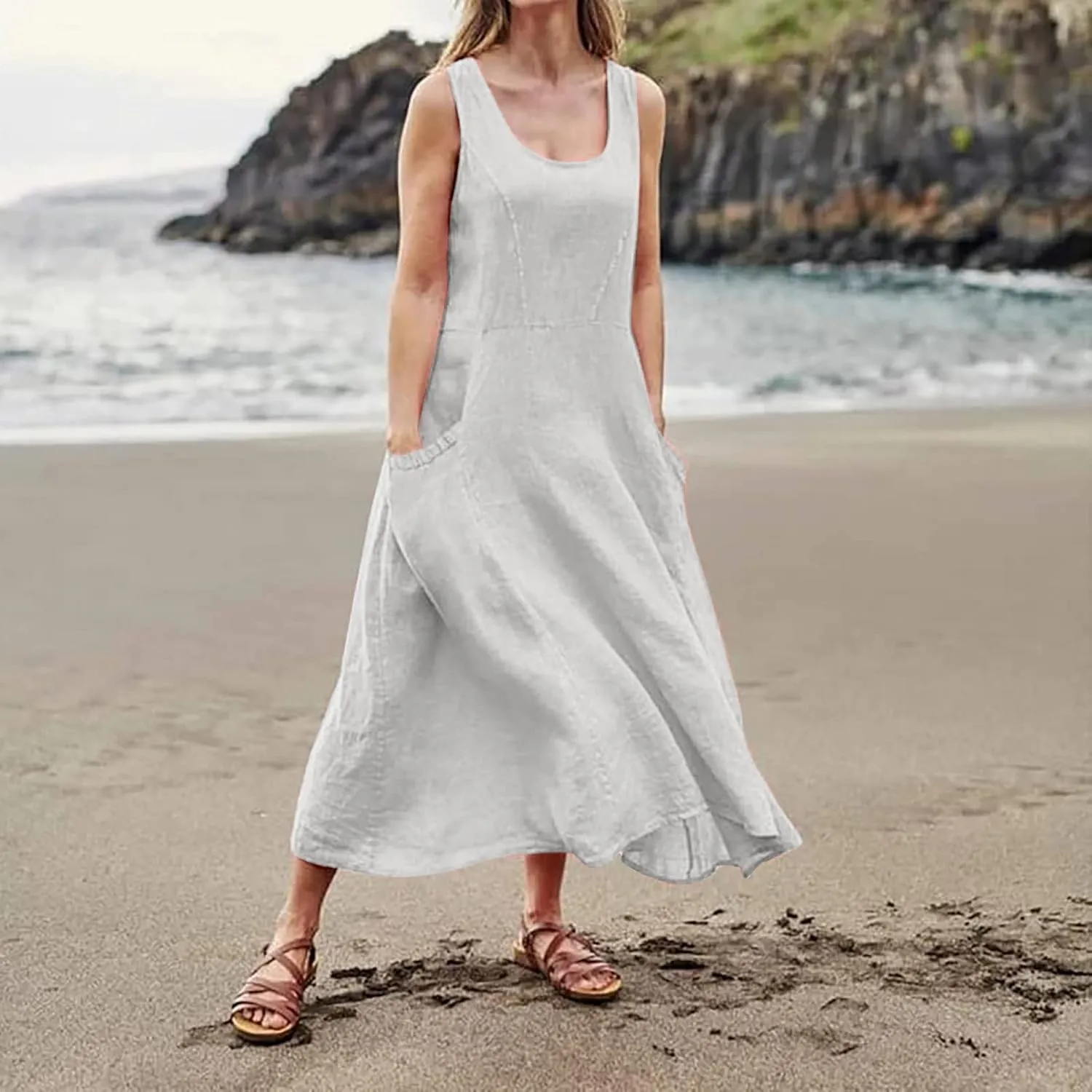 midelxp Summer Sundresses for Women Casual Loose Swing Beach Tank Dresses Sleeveless Solid Color Long Dresses with Pocket