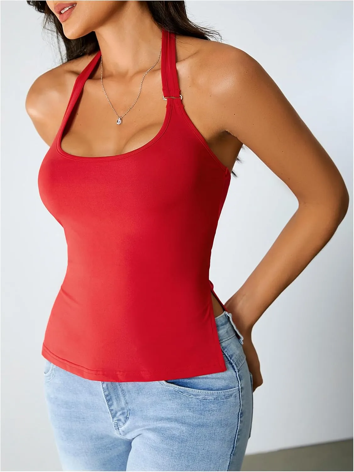 Milumia Women's Scoop Neck Low Cut Ruched Backless Halter Top Y2K Side Slit Fitted Sleeveless Tank Tops
