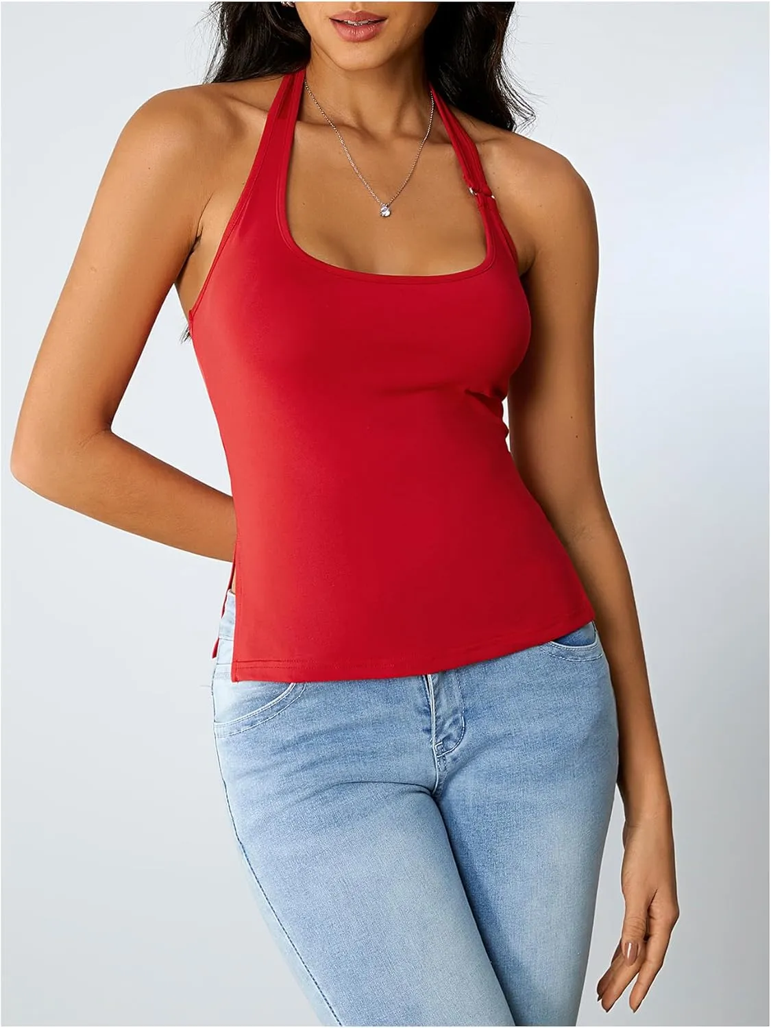 Milumia Women's Scoop Neck Low Cut Ruched Backless Halter Top Y2K Side Slit Fitted Sleeveless Tank Tops