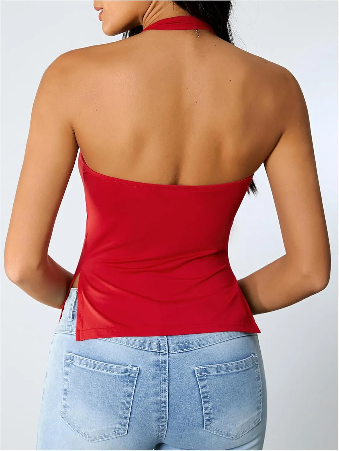 Milumia Women's Scoop Neck Low Cut Ruched Backless Halter Top Y2K Side Slit Fitted Sleeveless Tank Tops