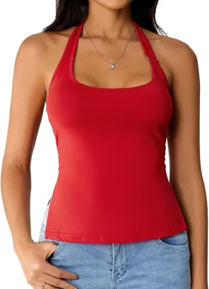 Milumia Women's Scoop Neck Low Cut Ruched Backless Halter Top Y2K Side Slit Fitted Sleeveless Tank Tops