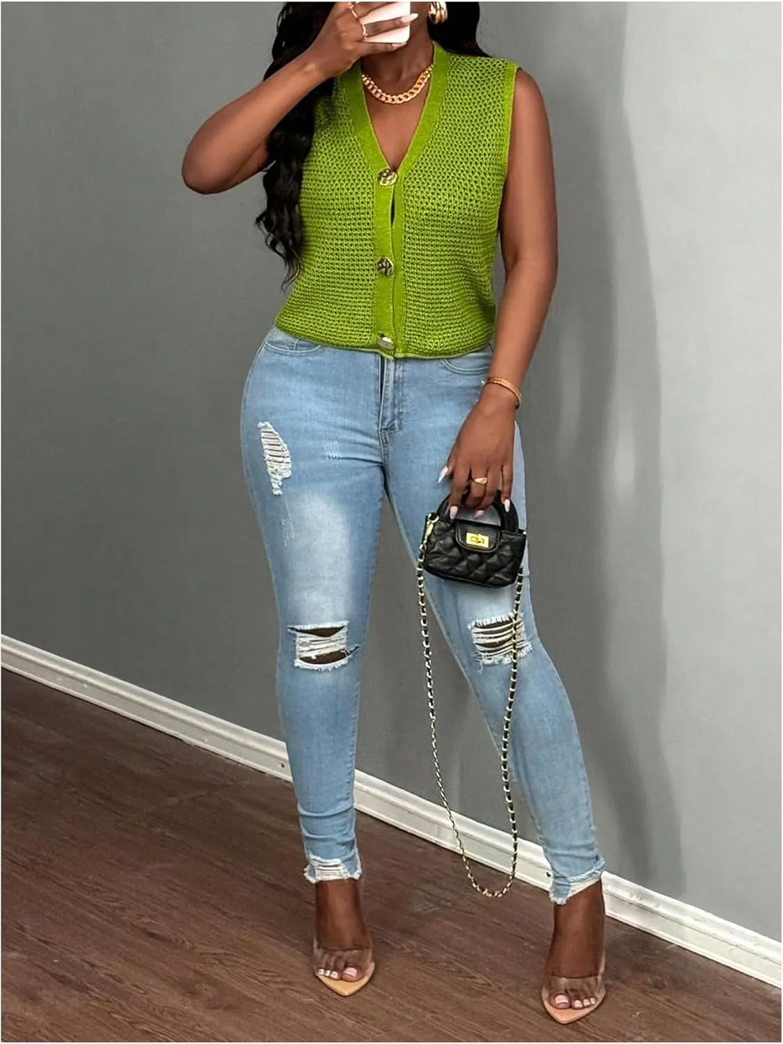 Milumia Women's Summer Corchet Top Sleeveless Hollow Out Knitted Tank Tops V Neck Button Down Sweater Vest