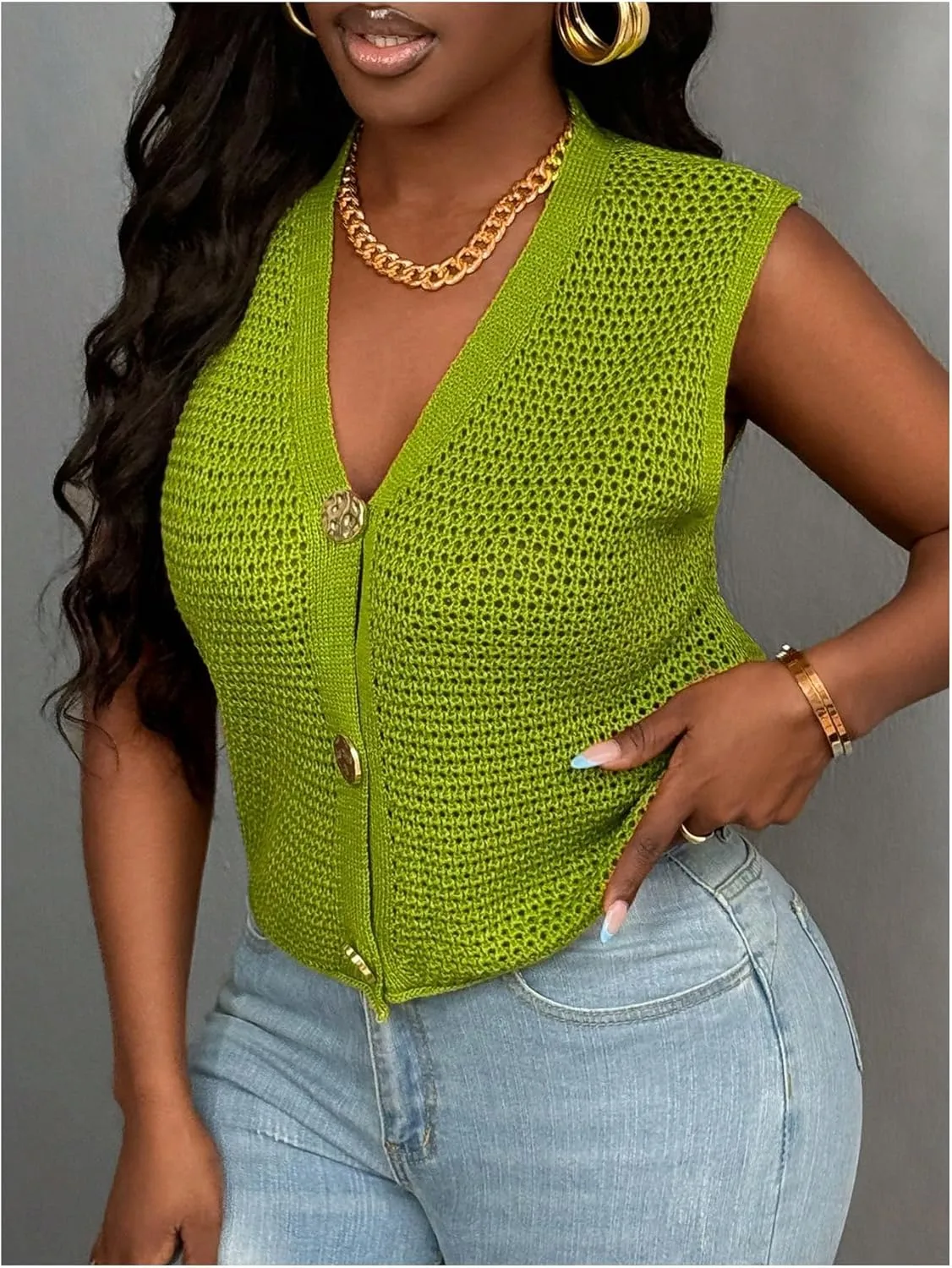 Milumia Women's Summer Corchet Top Sleeveless Hollow Out Knitted Tank Tops V Neck Button Down Sweater Vest