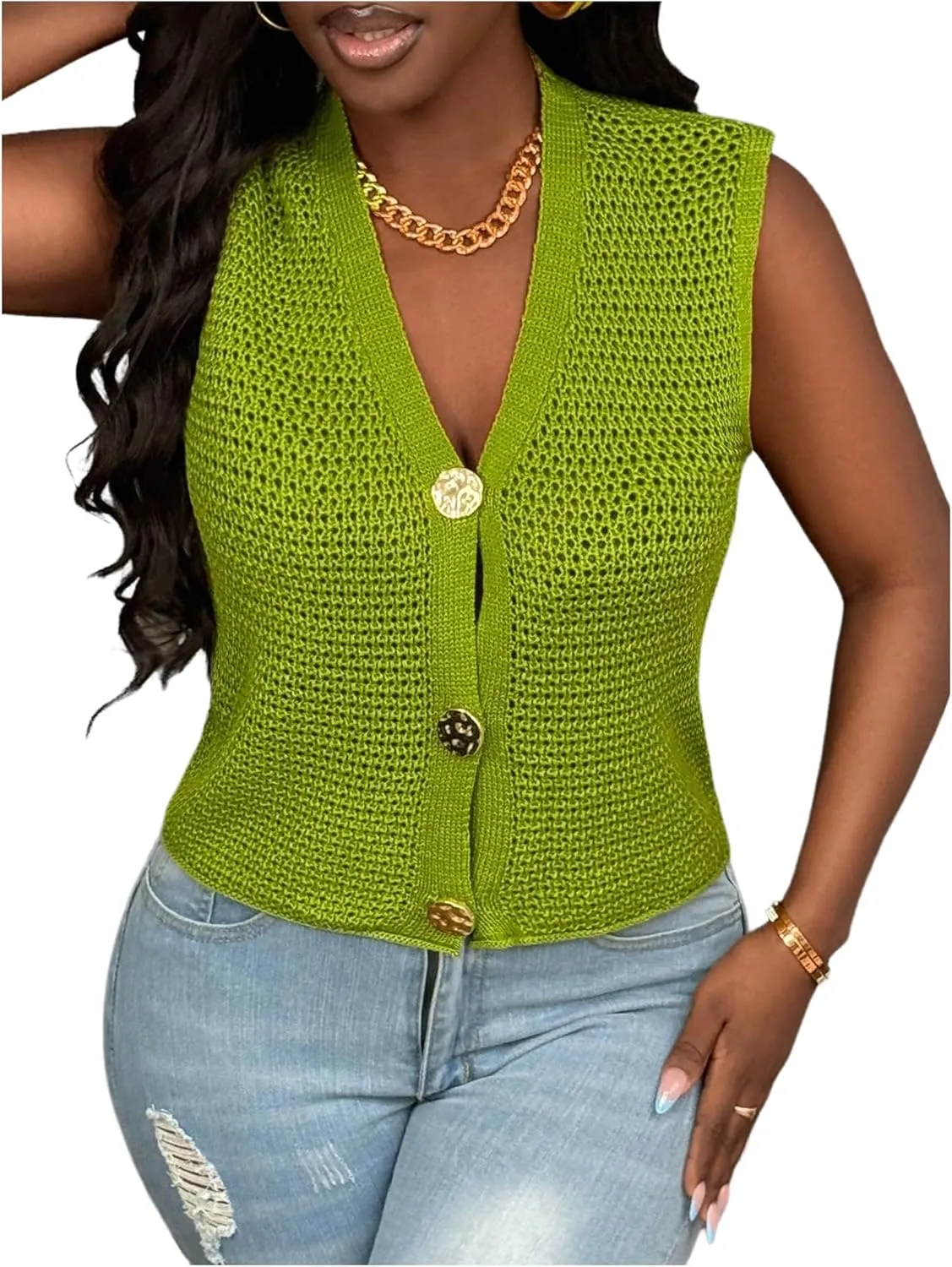 Milumia Women's Summer Corchet Top Sleeveless Hollow Out Knitted Tank Tops V Neck Button Down Sweater Vest