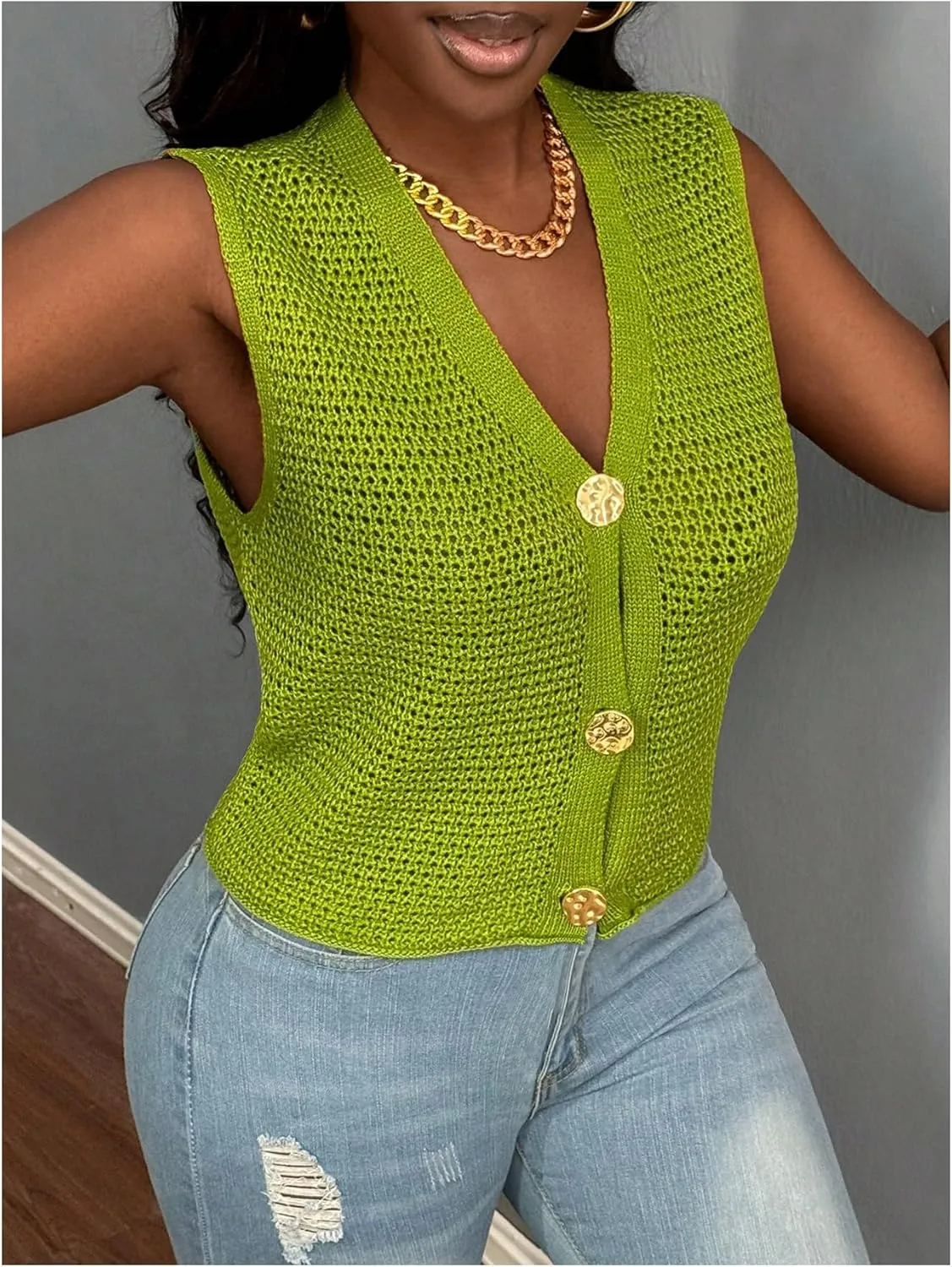 Milumia Women's Summer Corchet Top Sleeveless Hollow Out Knitted Tank Tops V Neck Button Down Sweater Vest