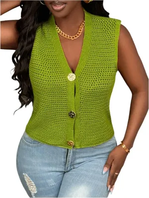 Milumia Women's Summer Corchet Top Sleeveless Hollow Out Knitted Tank Tops V Neck Button Down Sweater Vest