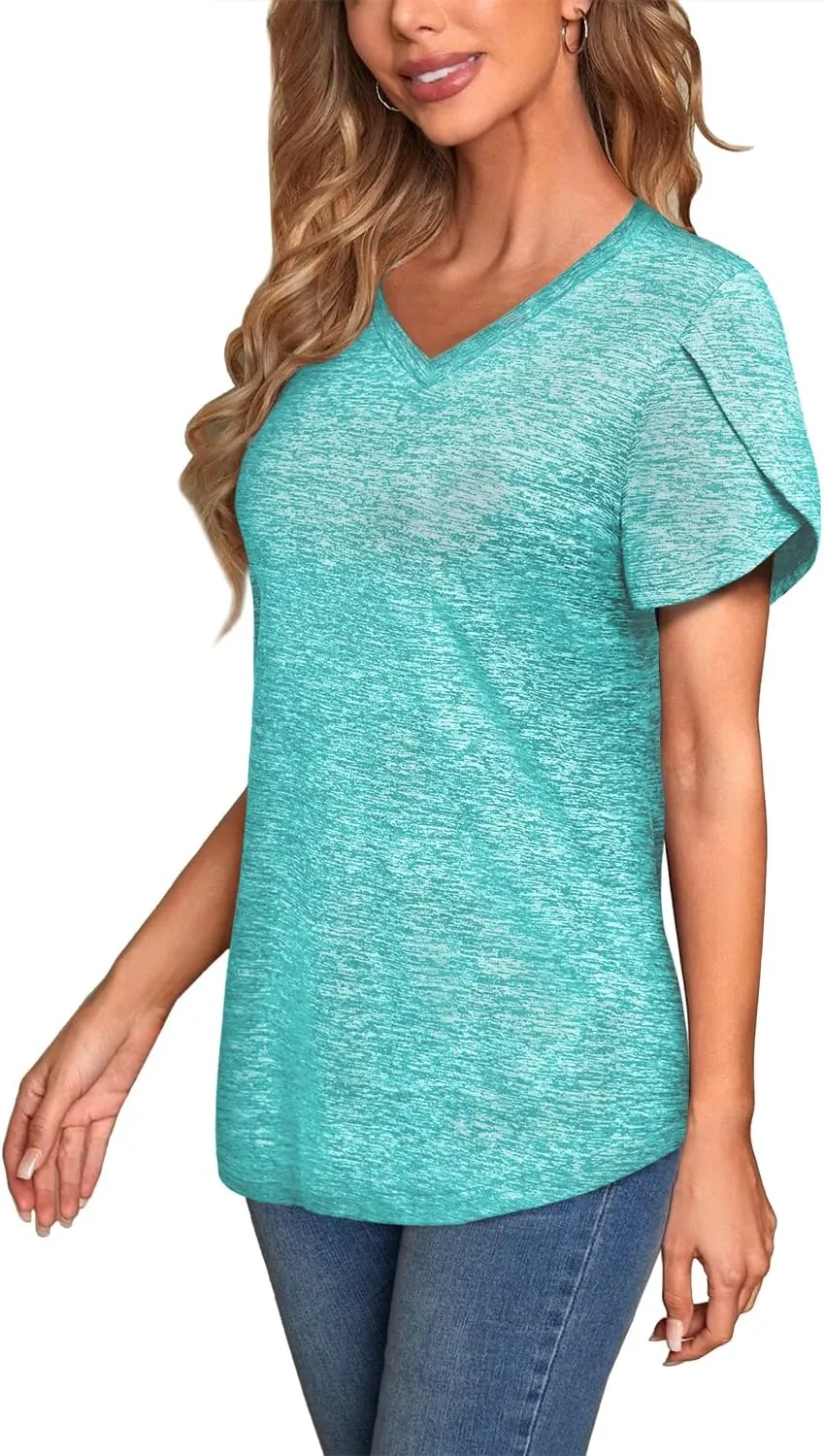 MISS FORTUNE Womens V-Neck Short Sleeve Activewear T-Shirt Petal Sleeve Casual Athletic Moisture Wicking Fitness Tops