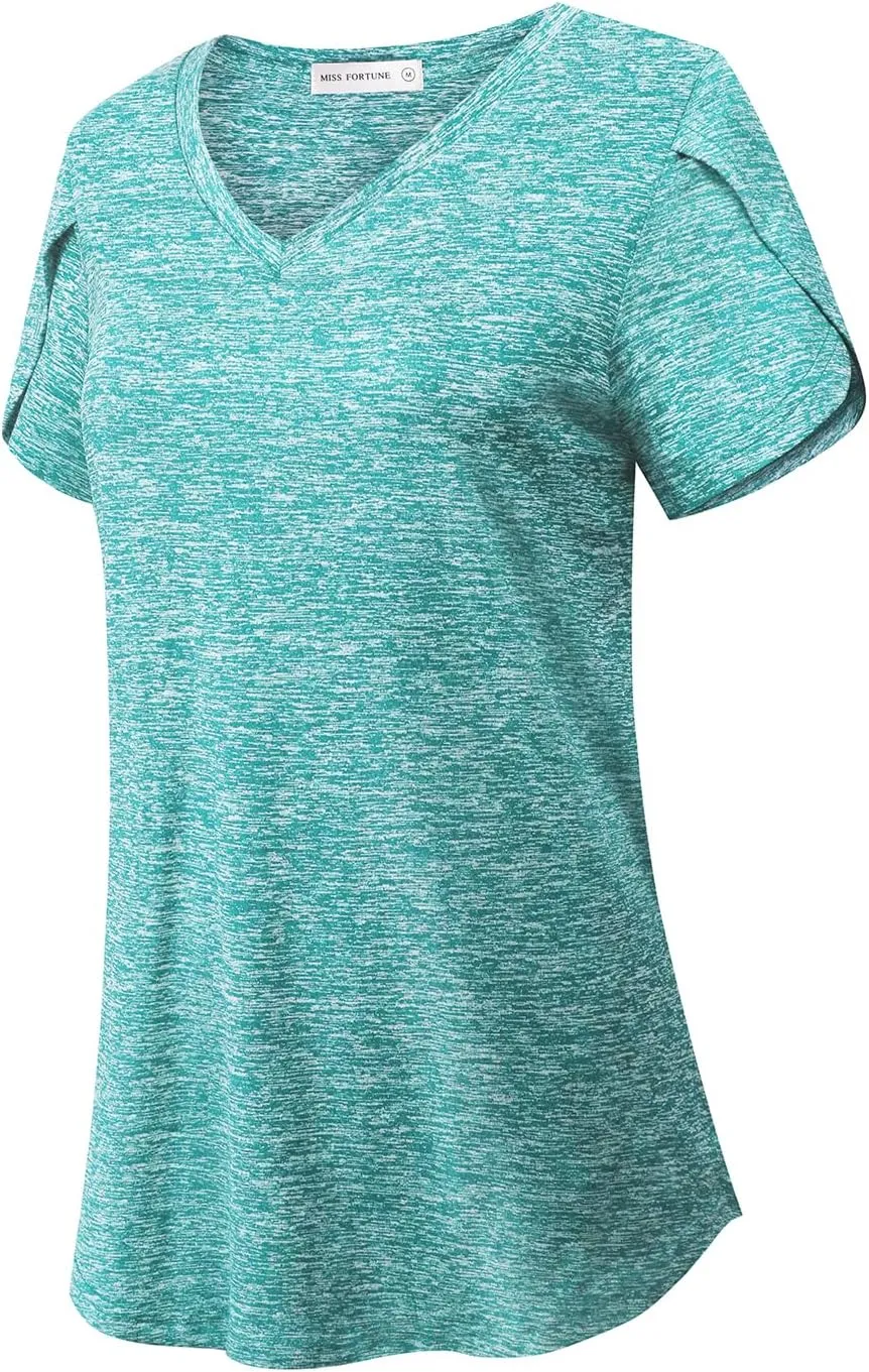MISS FORTUNE Womens V-Neck Short Sleeve Activewear T-Shirt Petal Sleeve Casual Athletic Moisture Wicking Fitness Tops
