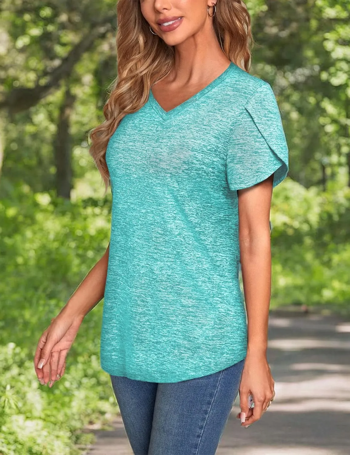MISS FORTUNE Womens V-Neck Short Sleeve Activewear T-Shirt Petal Sleeve Casual Athletic Moisture Wicking Fitness Tops