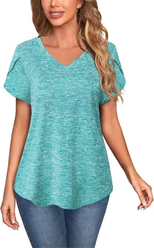 MISS FORTUNE Womens V-Neck Short Sleeve Activewear T-Shirt Petal Sleeve Casual Athletic Moisture Wicking Fitness Tops