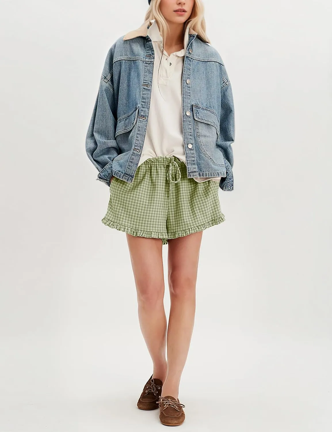 MISSACTIVER Gingham 2 Piece Sets For Women Summer Ruffle Puff Sleeve Peplum Shirt Shorts Set Two Piece Lounge Pajama Set