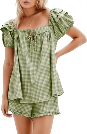 MISSACTIVER Gingham 2 Piece Sets For Women Summer Ruffle Puff Sleeve Peplum Shirt Shorts Set Two Piece Lounge Pajama Set