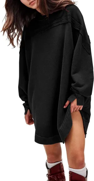 MISSACTIVER Women Sweatshirt Dress Crew Neck Long Sleeve Mini Dresses Oversized Drop Shoulder Side Split Pullover Tops