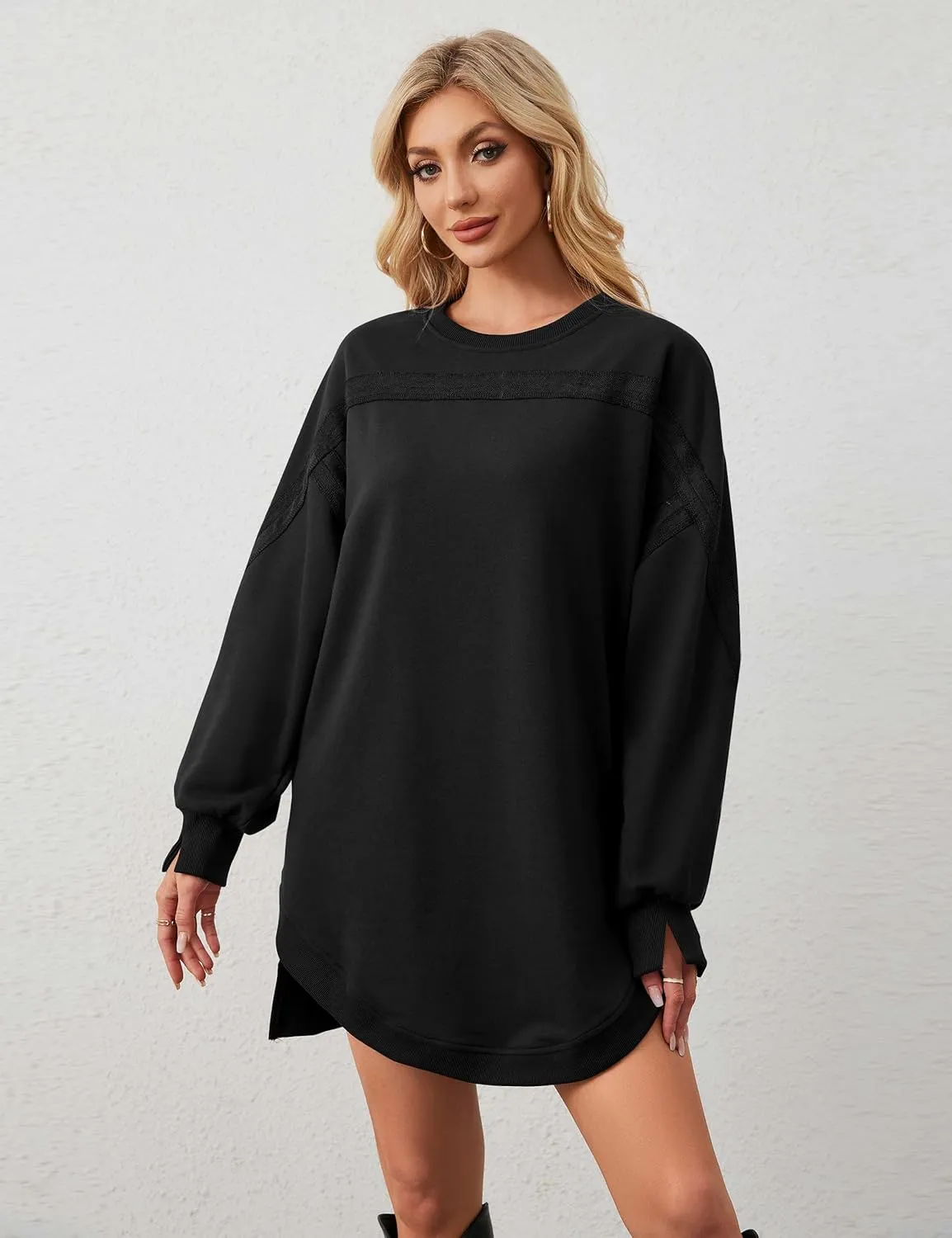 MISSACTIVER Women Sweatshirt Dress Crew Neck Long Sleeve Mini Dresses Oversized Drop Shoulder Side Split Pullover Tops