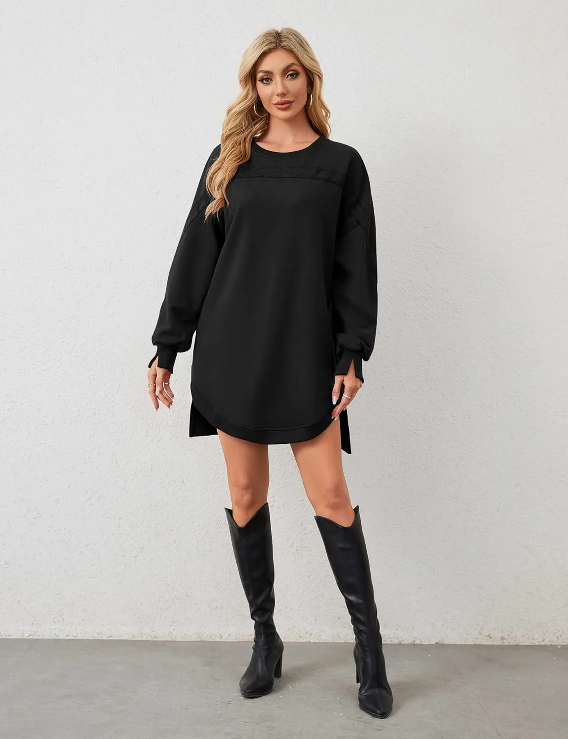 MISSACTIVER Women Sweatshirt Dress Crew Neck Long Sleeve Mini Dresses Oversized Drop Shoulder Side Split Pullover Tops