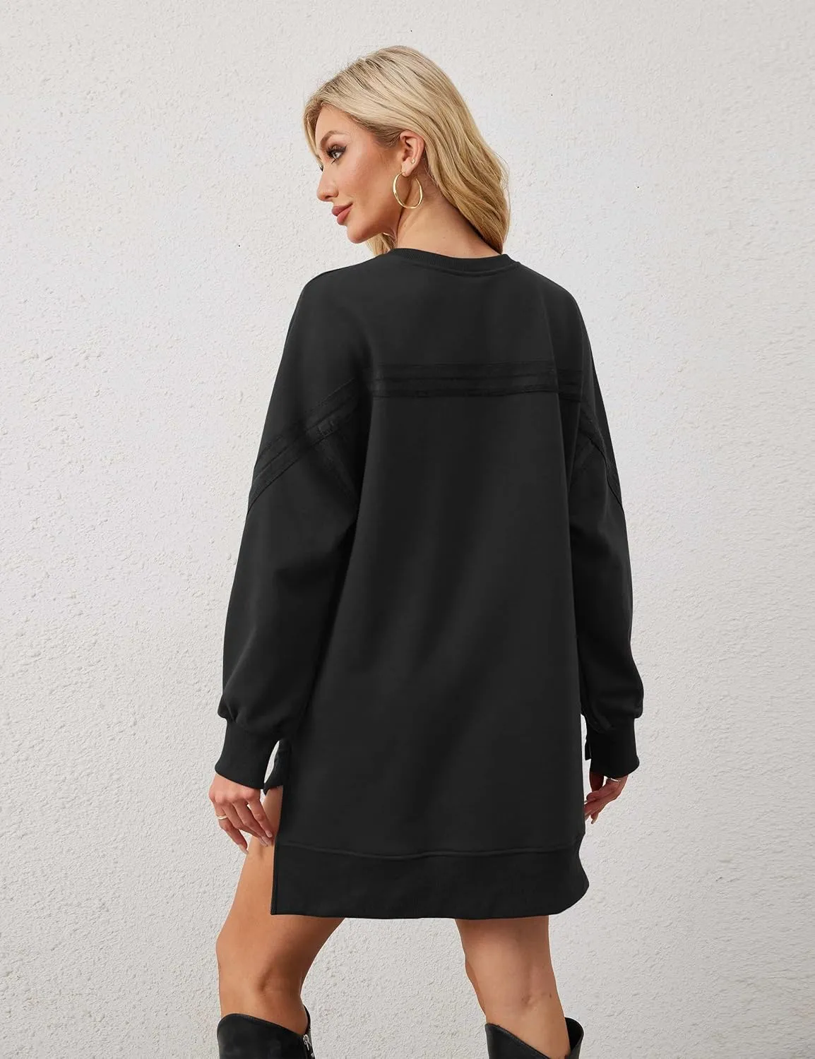 MISSACTIVER Women Sweatshirt Dress Crew Neck Long Sleeve Mini Dresses Oversized Drop Shoulder Side Split Pullover Tops