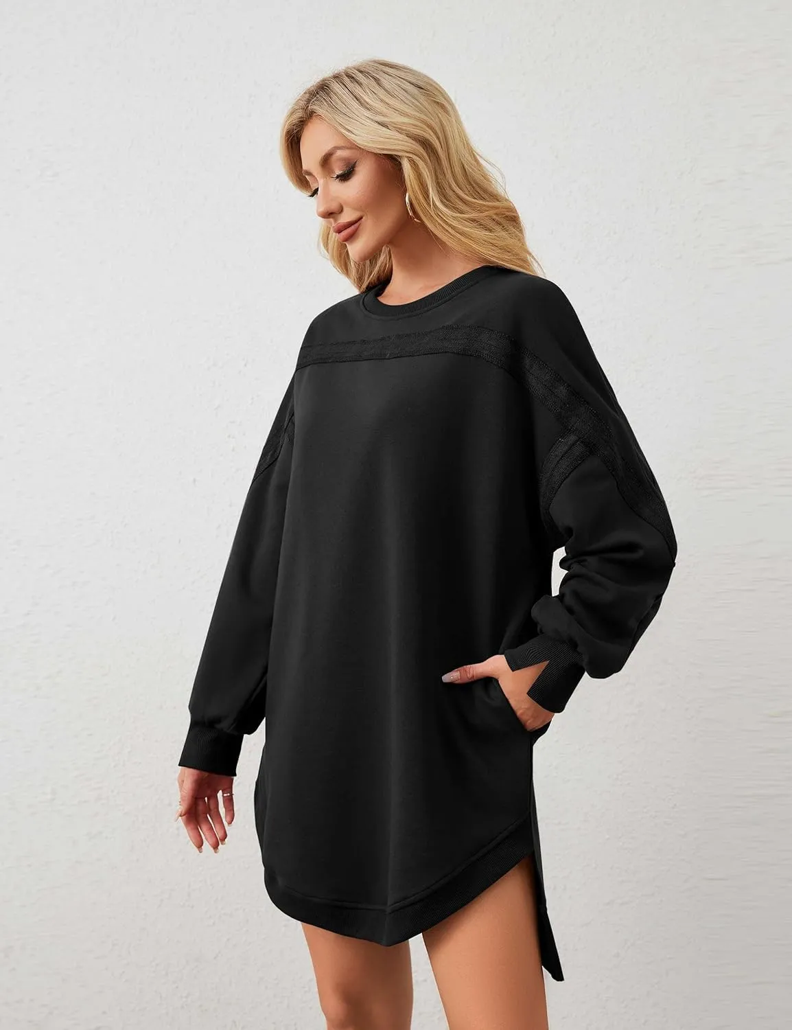MISSACTIVER Women Sweatshirt Dress Crew Neck Long Sleeve Mini Dresses Oversized Drop Shoulder Side Split Pullover Tops
