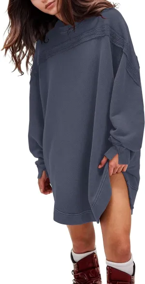 MISSACTIVER Women Sweatshirt Dress Crew Neck Long Sleeve Mini Dresses Oversized Drop Shoulder Side Split Pullover Tops