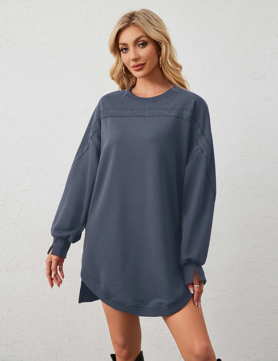 MISSACTIVER Women Sweatshirt Dress Crew Neck Long Sleeve Mini Dresses Oversized Drop Shoulder Side Split Pullover Tops