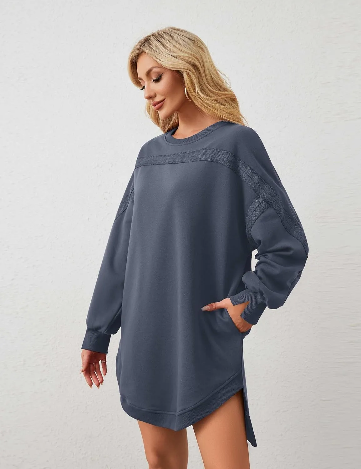 MISSACTIVER Women Sweatshirt Dress Crew Neck Long Sleeve Mini Dresses Oversized Drop Shoulder Side Split Pullover Tops
