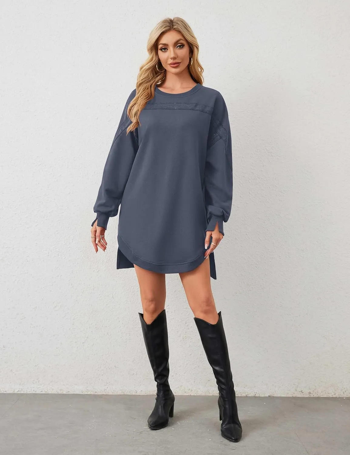 MISSACTIVER Women Sweatshirt Dress Crew Neck Long Sleeve Mini Dresses Oversized Drop Shoulder Side Split Pullover Tops
