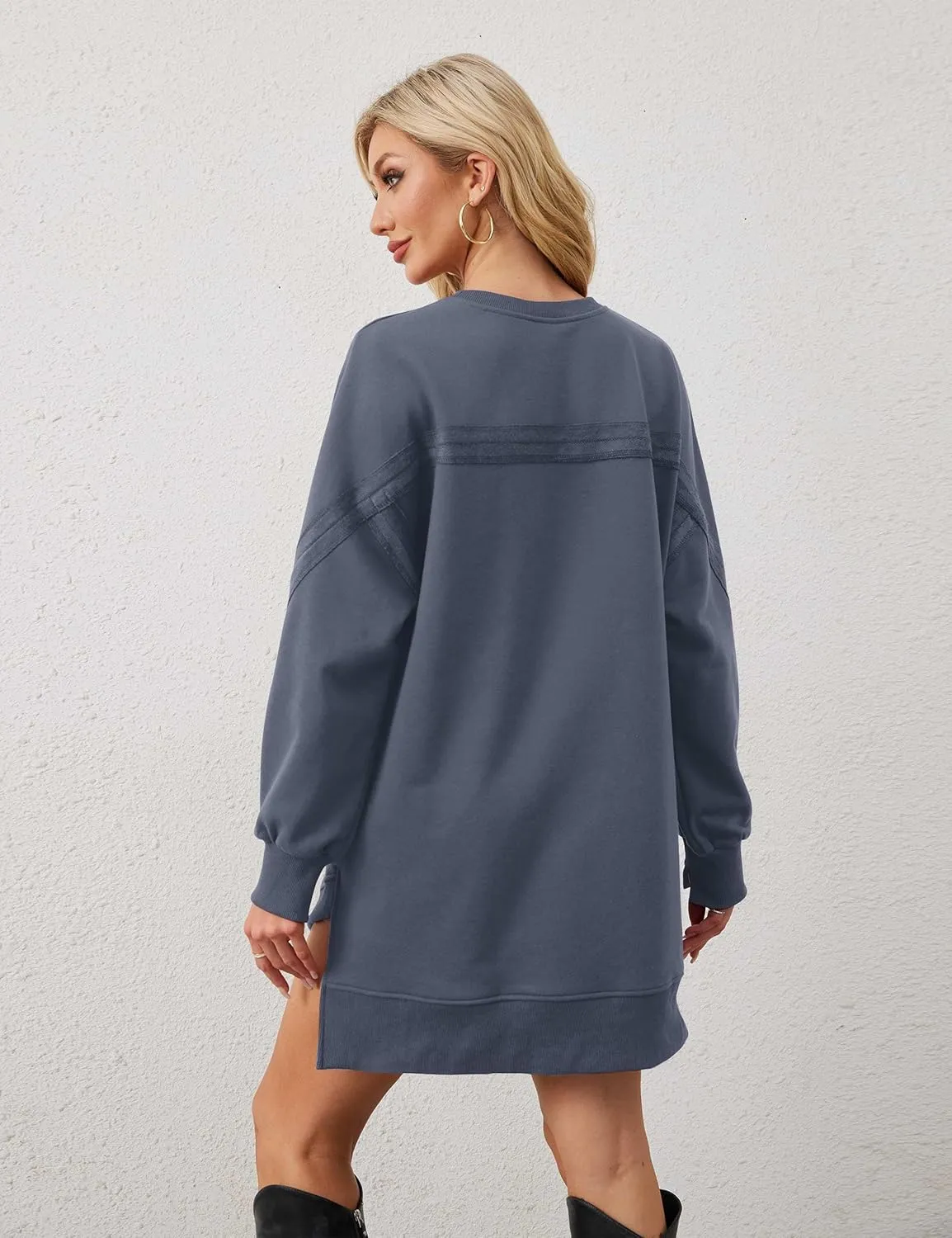 MISSACTIVER Women Sweatshirt Dress Crew Neck Long Sleeve Mini Dresses Oversized Drop Shoulder Side Split Pullover Tops