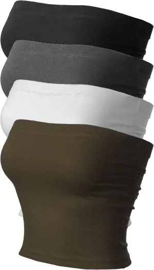 MixMatchy Women's 4 Pack Tube Tops Ruched Side Double Layered Tube Top with Cotton Shelf Bra