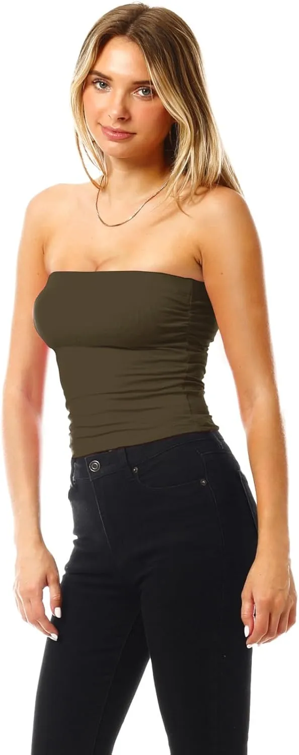 MixMatchy Women's 4 Pack Tube Tops Ruched Side Double Layered Tube Top with Cotton Shelf Bra