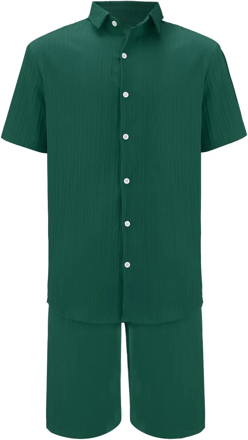 Muyise Men Short Sets 2 Piece Summer Outfits Casual Summer Button Down Short Sleeve Hawaiian Shirt and Drawstring Beach Short