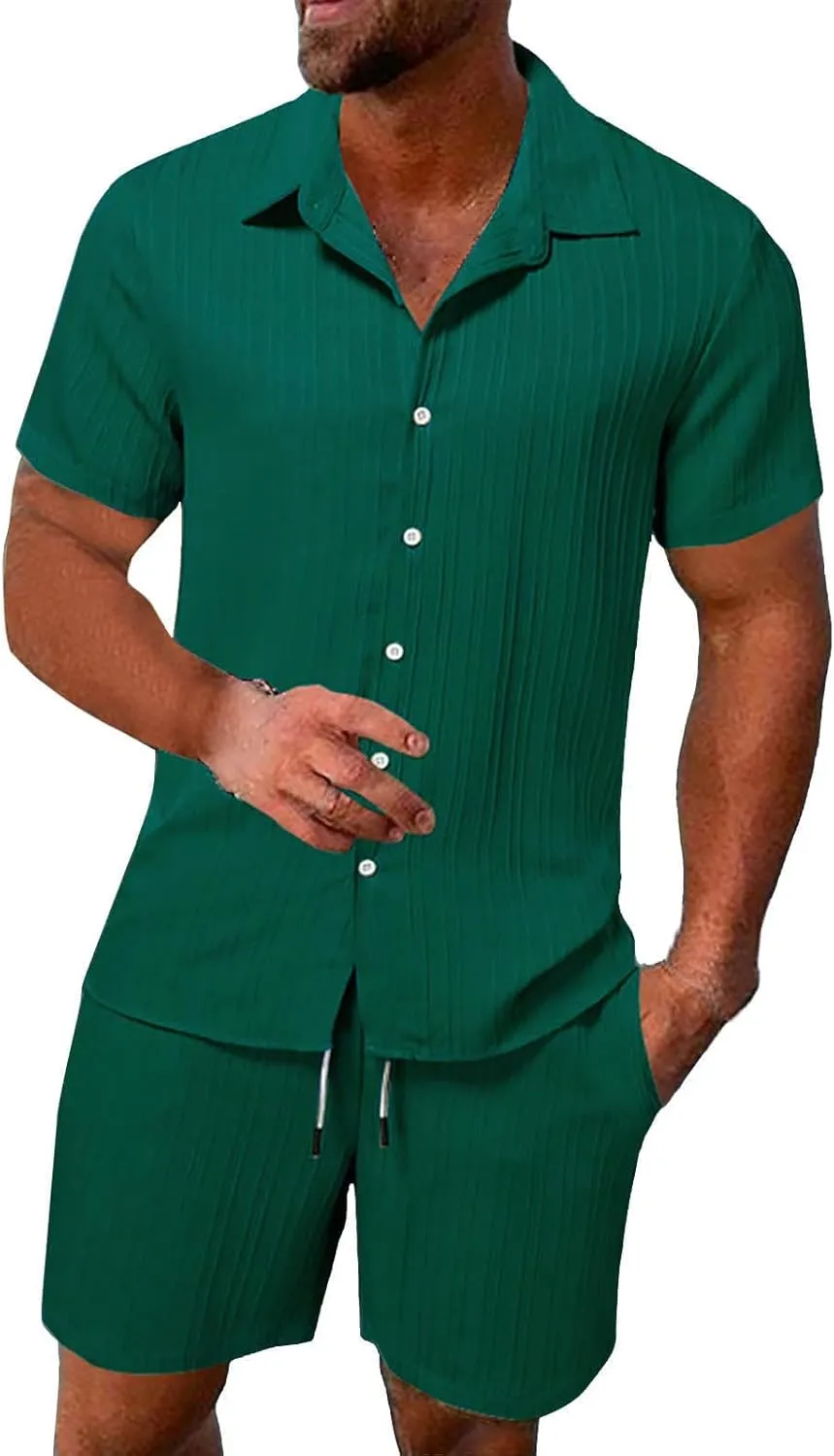 Muyise Men Short Sets 2 Piece Summer Outfits Casual Summer Button Down Short Sleeve Hawaiian Shirt and Drawstring Beach Short
