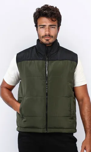 o199958 - Regular Fit Bomber Vest Sleeveless - Olive & Black