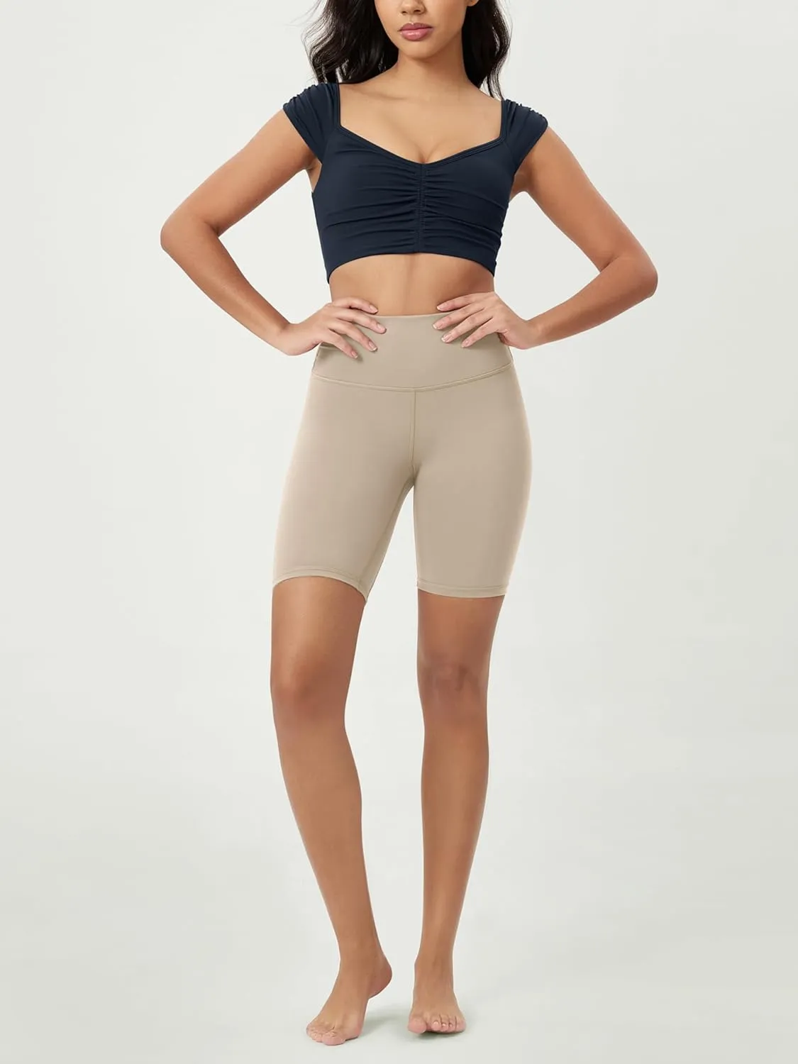 ODODOS Ruched Front Crop Tank for Women V-Neck Cut Out Back Cap Sleeve Cropped Tops