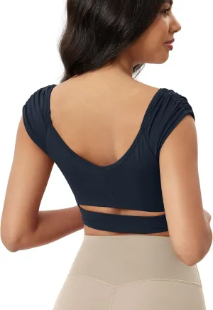 ODODOS Ruched Front Crop Tank for Women V-Neck Cut Out Back Cap Sleeve Cropped Tops