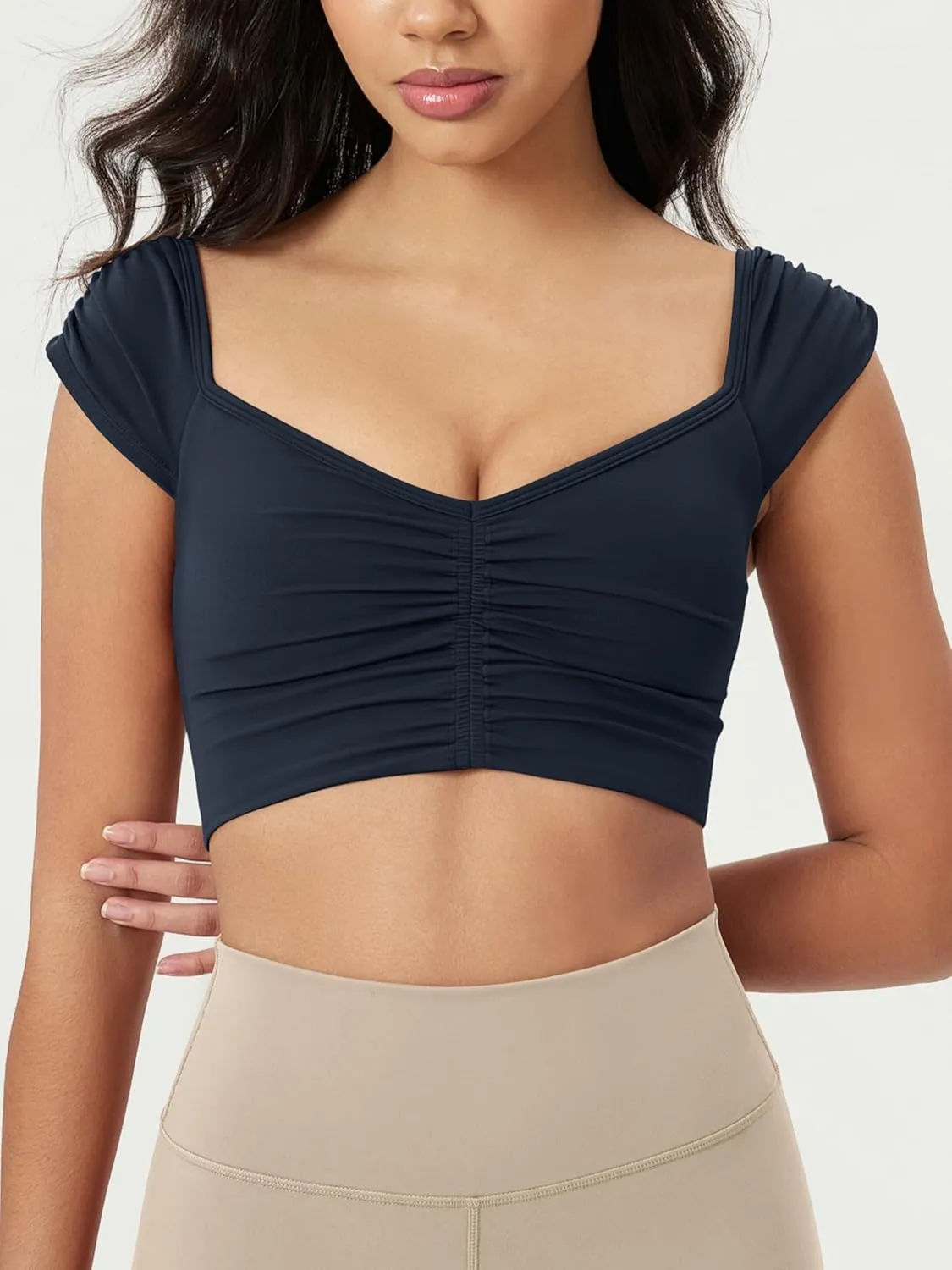 ODODOS Ruched Front Crop Tank for Women V-Neck Cut Out Back Cap Sleeve Cropped Tops