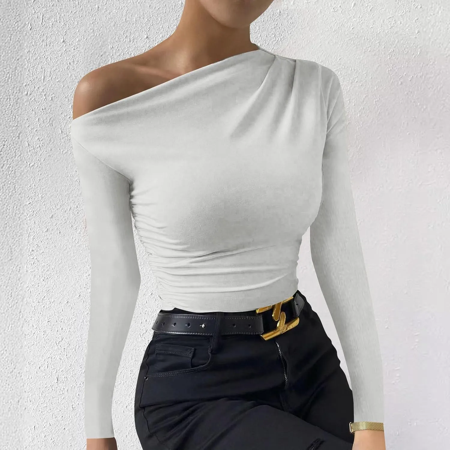One Shoulder for Womens Sexy Long Sleeve Solid Color Shirt Cute Lightweight Daily Clothes Fashion Dressy Casual Top