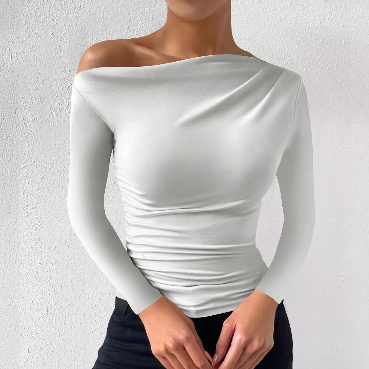 One Shoulder for Womens Sexy Long Sleeve Solid Color Shirt Cute Lightweight Daily Clothes Fashion Dressy Casual Top