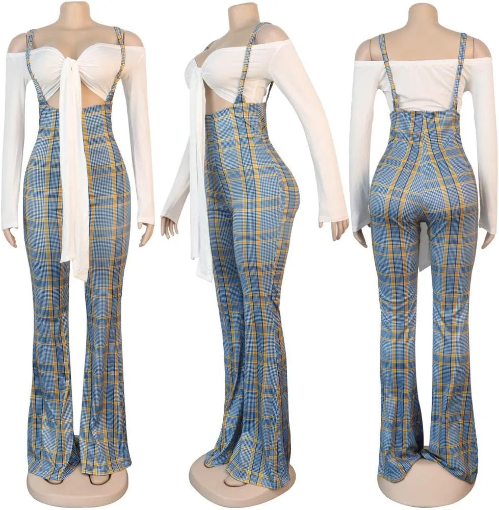 Ophestin Womens Sexy Off Shoulder Tie Crop Top Plaid Print Bell Pants Suspenders Set 2 Piece Outfits Jumpsuits Overalls