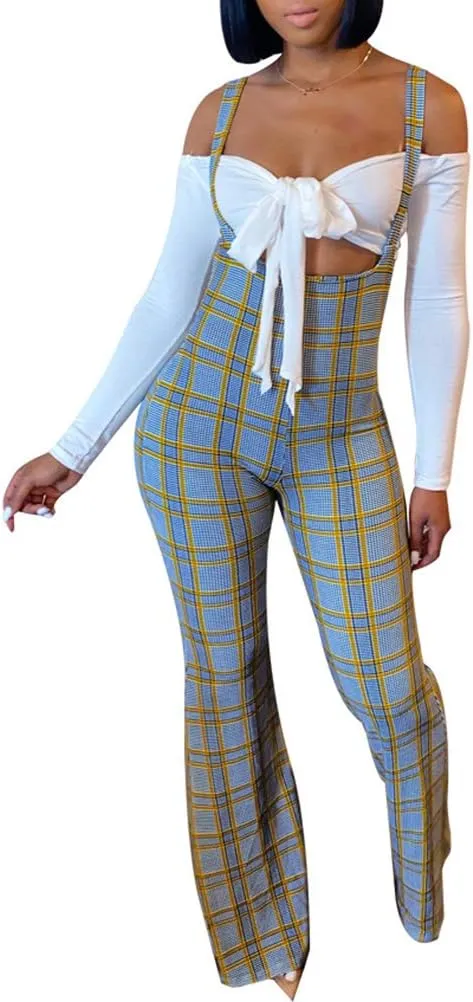 Ophestin Womens Sexy Off Shoulder Tie Crop Top Plaid Print Bell Pants Suspenders Set 2 Piece Outfits Jumpsuits Overalls