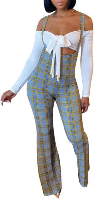 Ophestin Womens Sexy Off Shoulder Tie Crop Top Plaid Print Bell Pants Suspenders Set 2 Piece Outfits Jumpsuits Overalls