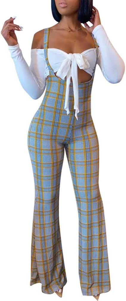 Ophestin Womens Sexy Off Shoulder Tie Crop Top Plaid Print Bell Pants Suspenders Set 2 Piece Outfits Jumpsuits Overalls
