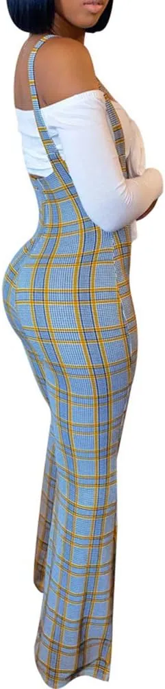 Ophestin Womens Sexy Off Shoulder Tie Crop Top Plaid Print Bell Pants Suspenders Set 2 Piece Outfits Jumpsuits Overalls